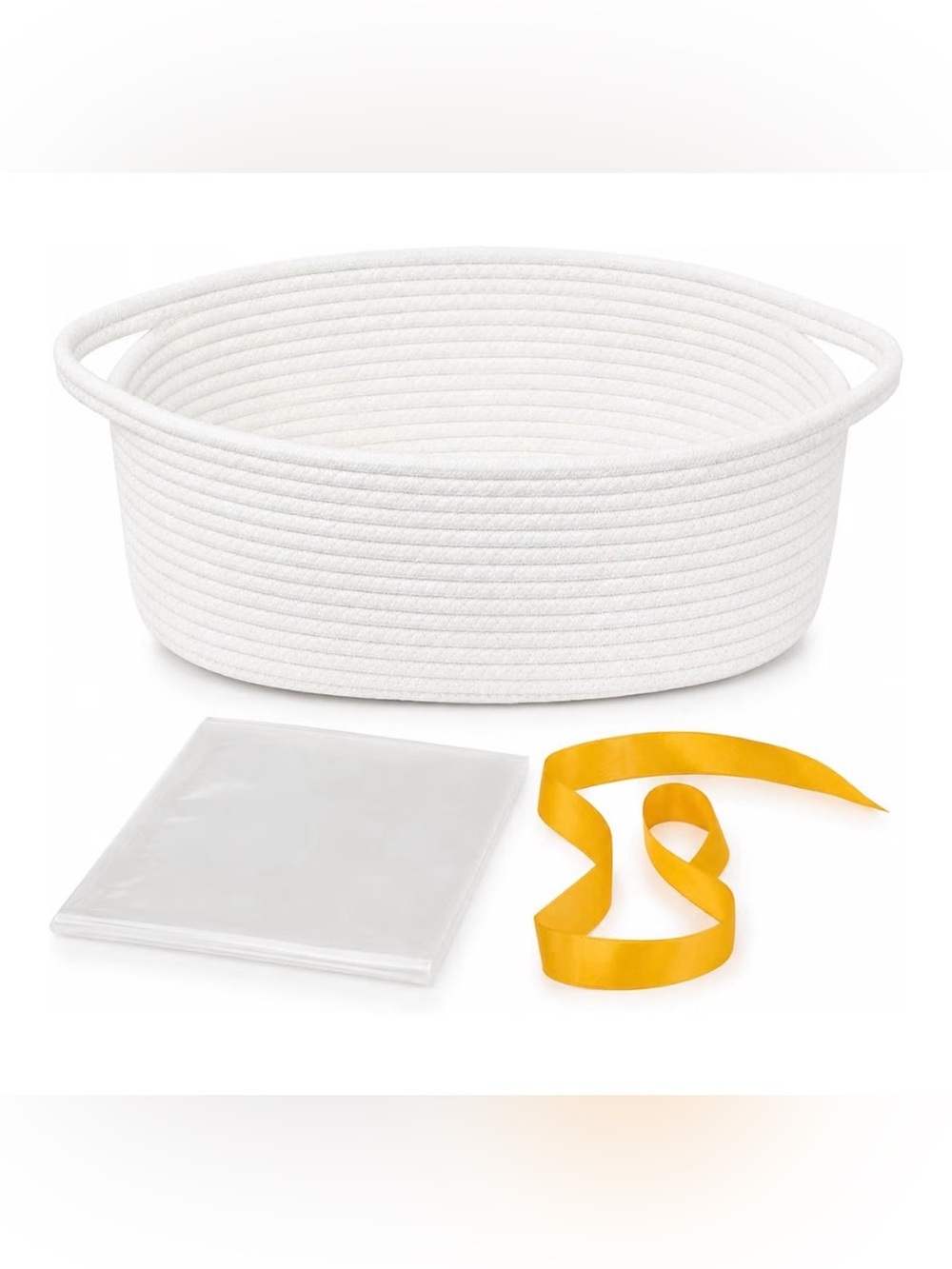 White Rope Storage or Gift Basket with Yellow Ribbon and Cellophane NWT